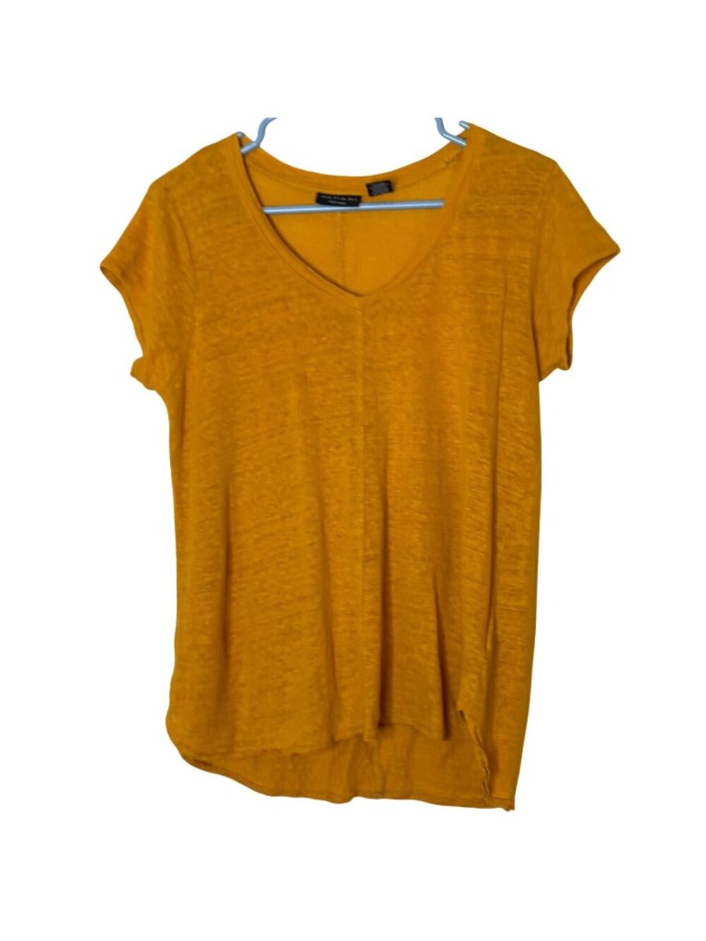 Tahari Women's M 100% Linen Mustard Yellow V Neck Short Sleeve Relaxed Tee Top